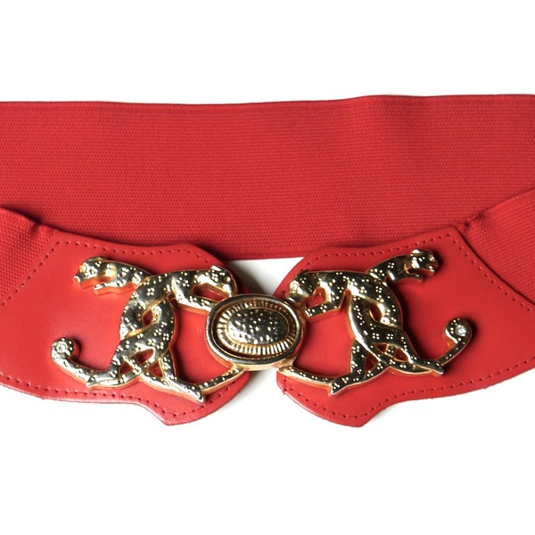 Ceinture élastique rouge, boucle avec léopards, années 80 / vintage, accessoire, bijoux, animal, pin up