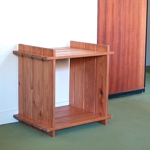 French night or end table by Maison Regain, pin wood, 1970s / Pierre Chapo style, shelf, furniture, France, wooden