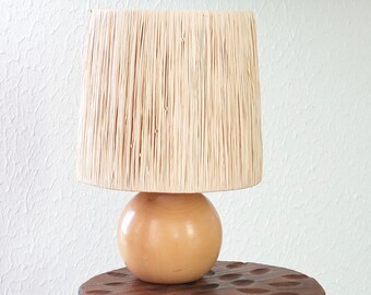 French wooden table lamp, raffia lampshade, 1970s / sphere, minimalist, boho chic, folk