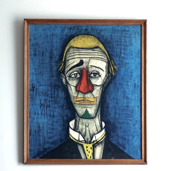 GRAND Tableau reproduction "Tête de clown" de Bernard Buffet, années 50 / vintage kitsch bleu cirque