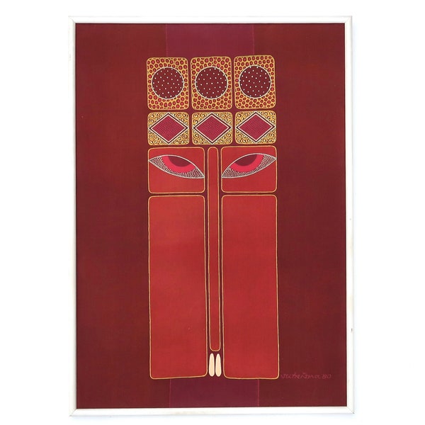 Tableau, peinture sur soie Indienne signée et datée de 1980 / Inde, bordeaux, Ajna Chakra