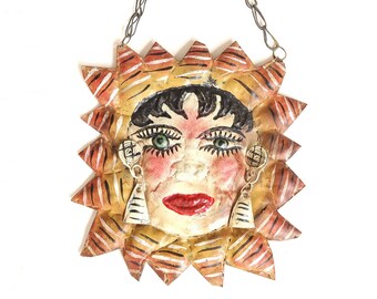 Folk colorful Mexican wall hanging, Woman's face and spider, 1980s, vintage / sunface, mask, boho chic, bohemian
