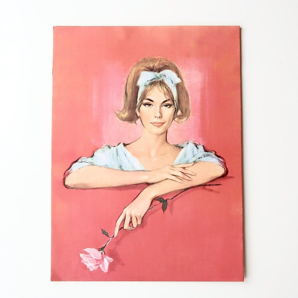 1960s print on cardboard panel : woman with rose, pin up / portrait, JH Lynch, Tretchikoff, vintage