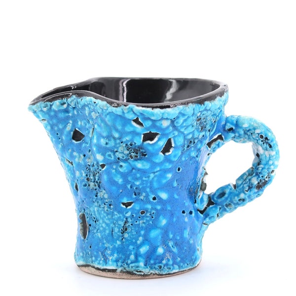 Small ceramic milk pitcher, creamer by "Emaux des glaciers, Atelier du Cyclope, Annecy", 1960s / blue turquoise, fat lava