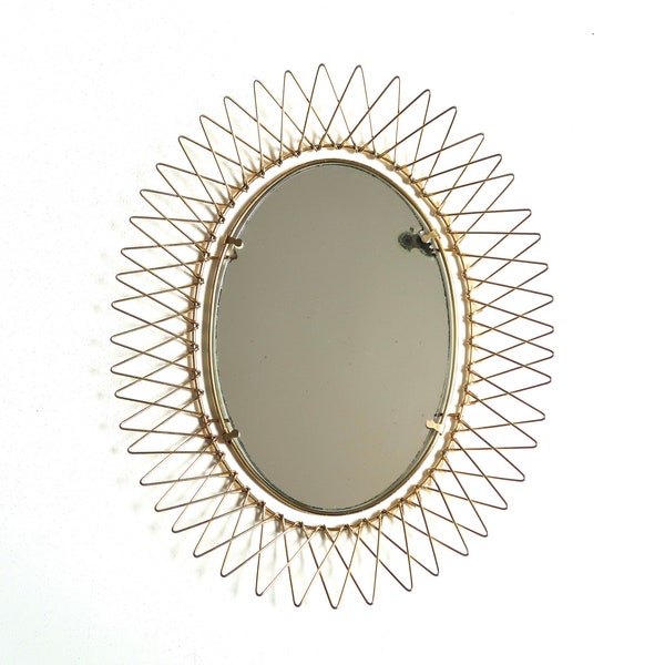 Miroir soleil doré ovale en métal, années 60 / vintage, doré, bohème chic, folk, miroir piqué