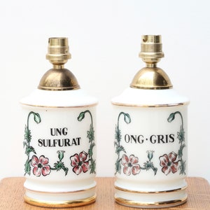 Pair of table lamps, glass pharmacy jars, 1960s / herbarium, flower, cottage, white milk glass, minimalist