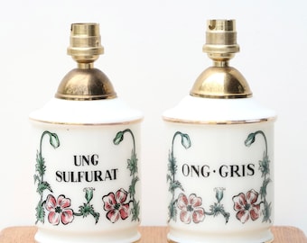 Pair of French table lamps, glass pharmacy jars, 1960s / herbarium, flower, cottage, white milk glass, home decor
