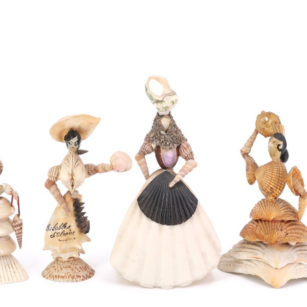 Set de 4 figurines en coquillages, années 60 / souvenirs de bords de mer, poupée, statuette