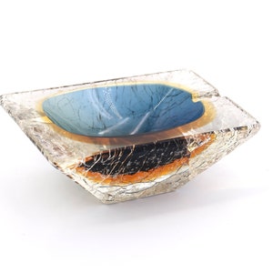 RARE Murano cracked glass effects ashtray, mid century modern, 1950s / blue, orange