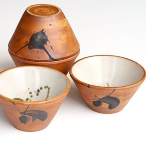 Set of 4 French ceramic bowls by La Poterie de la Colombe, 1970s / abstract green brown country boho chic