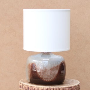 French blue grey and brown ceramic table lamp with, white lampshade, 1960s / potter, boho chic, folk, country, lighting, France