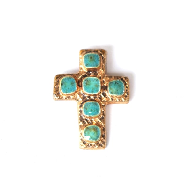 Croix pendentif en céramique dorée et turquoise de François Lembo, années 60 / vintage, Vallauris, inspiration Byzantine, Art Byzantin