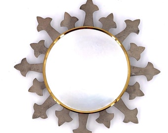 French circle sunburst metal mirror, 1950s / wall sun, Lily flower, mid century modern