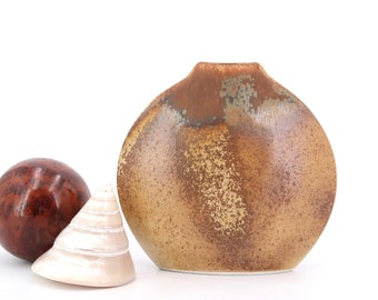 French brown porcelain vase by Virebent, Design by Benoit Montreau, Made in France, 1970s / Lens form, minimalist