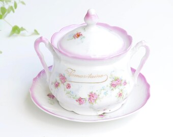Sucrier et soucoupe SAMARITAINES en porcelaine de Saxe, années 30 / objet publicitaire, Paris, Shabby Chic, Cottage, décor floral, rose pale