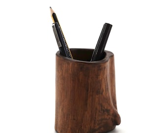 Brutalist Wooden Pencil Holder, 1970s / Vintage Wood Desk Organizer, Small Vase, Mid Century Decor