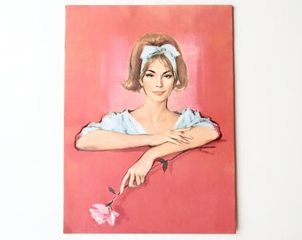 1960s print on cardboard panel : woman with rose, pin up / portrait, JH Lynch, Tretchikoff, vintage