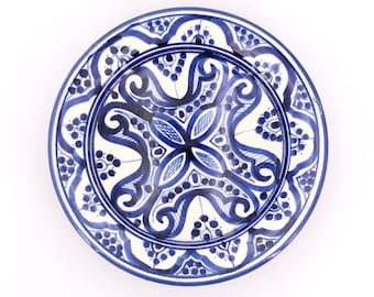 Assiette creuse murale Marocaine bleue en céramique, années 80 / vide poche, folk, poterie bohème, Maroc