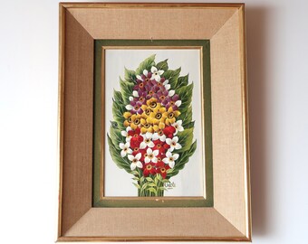 French signed oil painting, bouquet of flowers, 1960s / still life, country, rustic, cottage, boho chic, colorful, pink