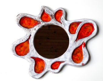 French ceramic orange sunburst mirror, Vallauris, 1960s / vintage, sun, flower