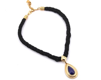 LANVIN necklace: black cordon, gold and blue pendant, 1980s / Germany, Jewelry, Mode, Luxury