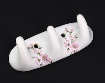 French Paris porcelain towel hooks racks hangers, floral decor with cherry blossoms, 1960s / Porcelaine de Paris, bathroom, white, pink