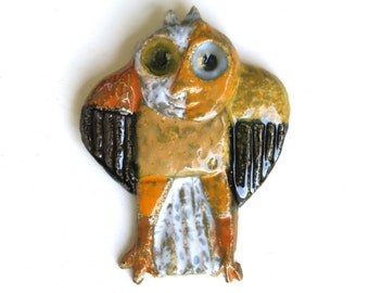 Ceramic owl pendant by Jacotte Capron, Vallauris / Roger Capron, necklace, animal, artist jewelry, French jewel, art