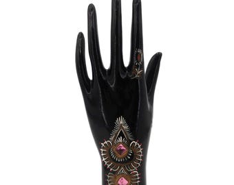Folk black hand jewelry display signed Izamayn, ring holder, 1970s / vintage, rhinestones, floral