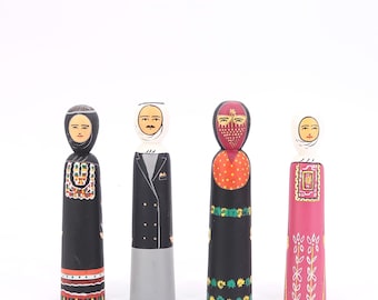 Vintage Set of 4 Painted Wooden Figurines, Muslim Family, 1970s / Islamic Folk Art, Arab Decor