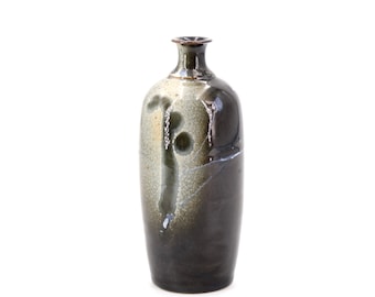 French signed ceramic vase bottle, black and white, 1970s / abstract decor