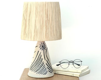 White and Blue ceramic table lamp, raffia shade, 1980s / boho chic, folk