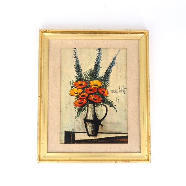 Tableau ancien, reproduction, Les pavots de Bernard Buffet, années 70 / vintage, bouquet de fleurs, nature morte, bohème campagne