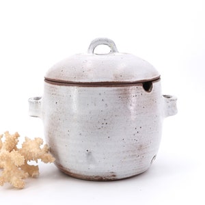 May include: A white ceramic lidded pot with a round body and two side handles. The lid has a small loop handle and a dark brown rim. The pot has a rustic, speckled appearance and is suitable for kitchen use.