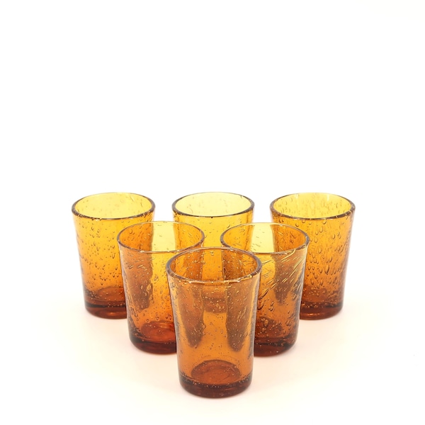 Six verres à Porto de Biot, verre bullé ambré, années 70 / vintage, marron