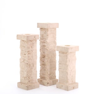 Set of 3 travertine candle holder " column" by Marble Art Marta, Made in Italy, 1970s / Fratelli Mannelli, Enzo Mari, Pillar, Architecture