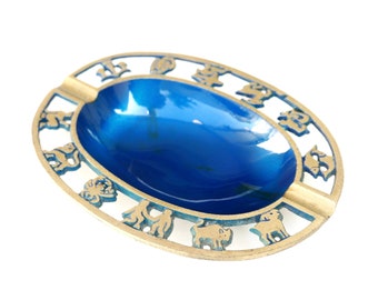 Brass ring dish, astrological signs decor, Made in Israel, 1960s / boho chic folk bohemian blue