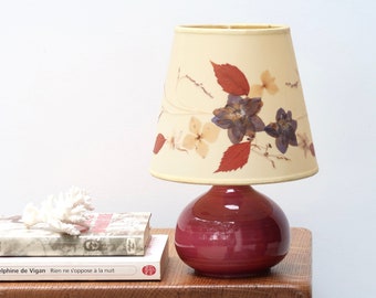 Ceramic table lamp, shade with dried flowers, 1970s / pink, boho chic, folk, country, herbarium