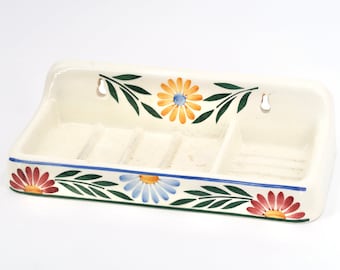 French wall earthenware soap dish, floral decor, 1940s / cottage, country, shabby chic