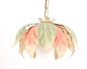 Ceiling light: pale green, pink and beige flower and leaves, 1980s / pendant, lighting, floral, boho chic, folk