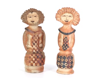 French ceramic sculptures by Michèle Raymond, la Borne, 1970s, boho chic decor, figurine statue