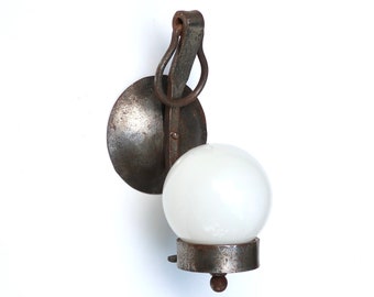 French iron wall sconce, white globe, 1950s / vintage, lighting, cottage, castle, mountain, country, rustic