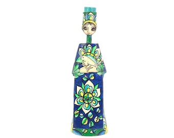 Mexican Folk Art Paper Mache bird candle holder signed Abelardo Ruiz, 1970s / Mexico, blue, candleholder, anthropomorphic