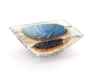 RARE Murano cracked glass effects ashtray, mid century modern, 1950s / blue, orange