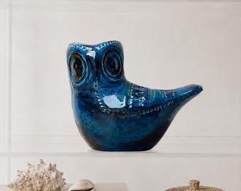 GRANDE Chouette Bitossi de Aldo Londi en céramique, années 60 / Made in Italy, vintage, Rimini blue
