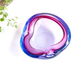 Vintage Murano Art glass ashtray, mid century modern, 1950s sculpture dish bowl colorful pink blue purple vintage