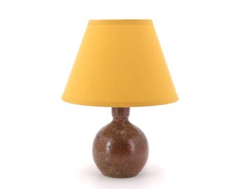 French stoneware ceramic table lamp by Guy Baudat, yellow lampshade, 1970s / brown, potter, wabi sabi stoneware, country