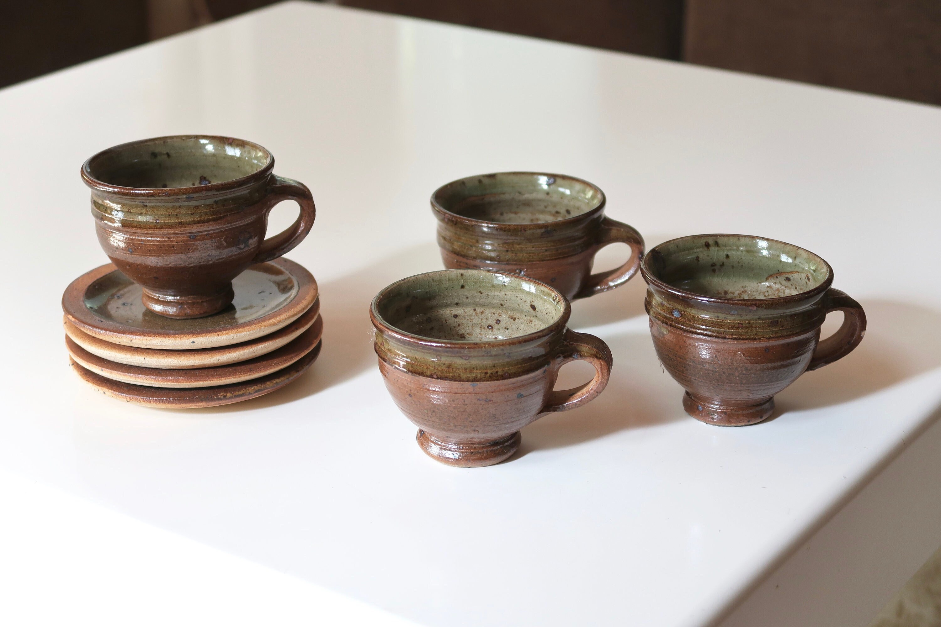 4 Tasses à Café ou Thé et Soucoupes en Grès de Pierre Digan, La Borne , Années 60/Vintage, Céramique