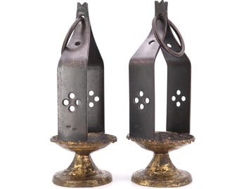 Pair of French iron candle holder lanterns by Max Bré, 1950s /  castle, rustic, farmhouse, country, shabby chic