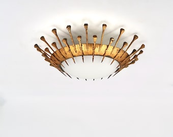 Vintage Sunburst Ceiling Light with Gilt Forged Nails and Domed White Opaline Glass, 1950s / Brutalist Wall Sconce