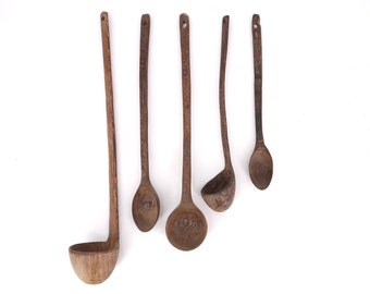 Set of 5 wooden rustic ladles and spoons, 1950s / French, France, wood, kitchen wall hanging, bohemian interior
